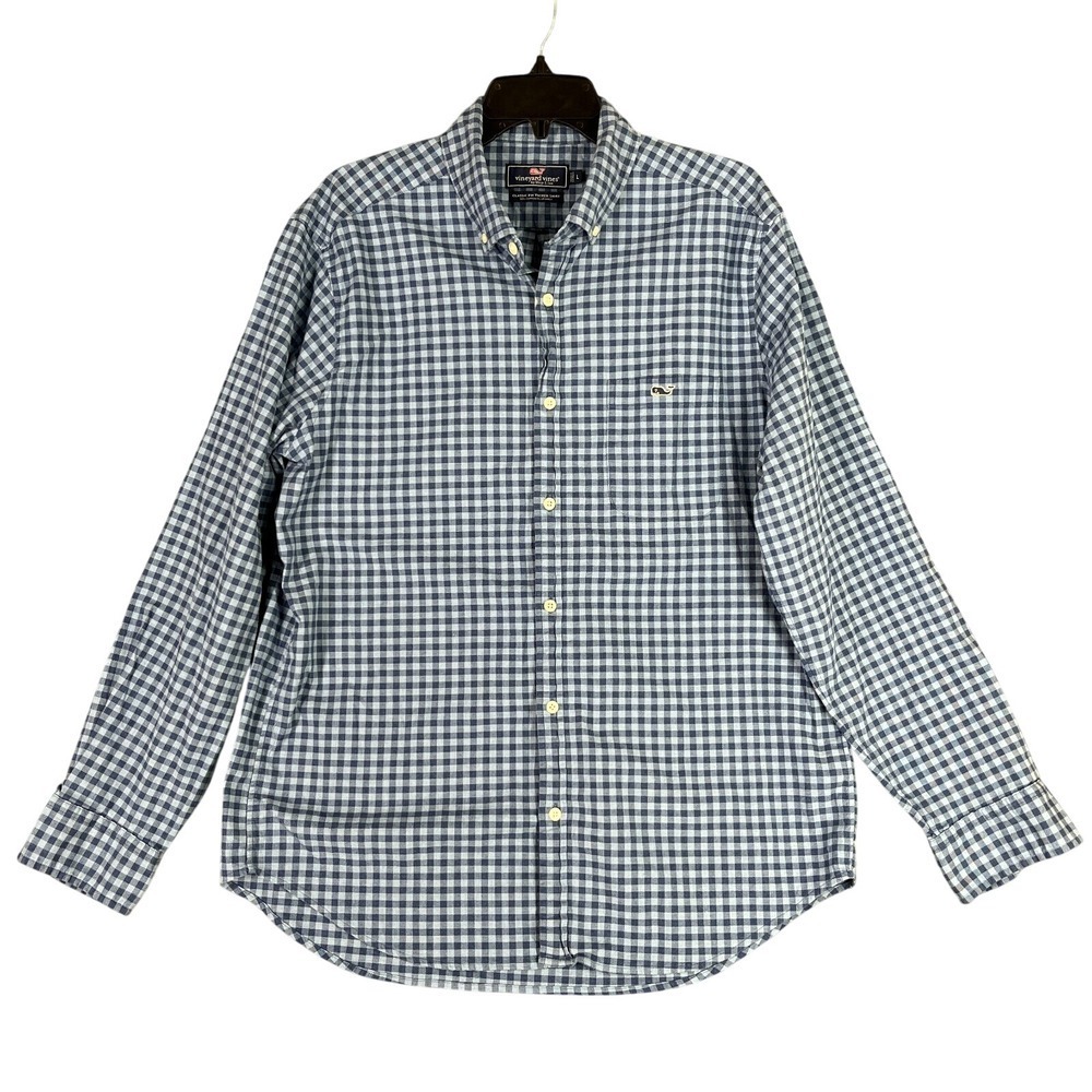 Vineyard Vines Shirt Mens Large Blue Check Stretch Classic Fit Tucker‎ Business